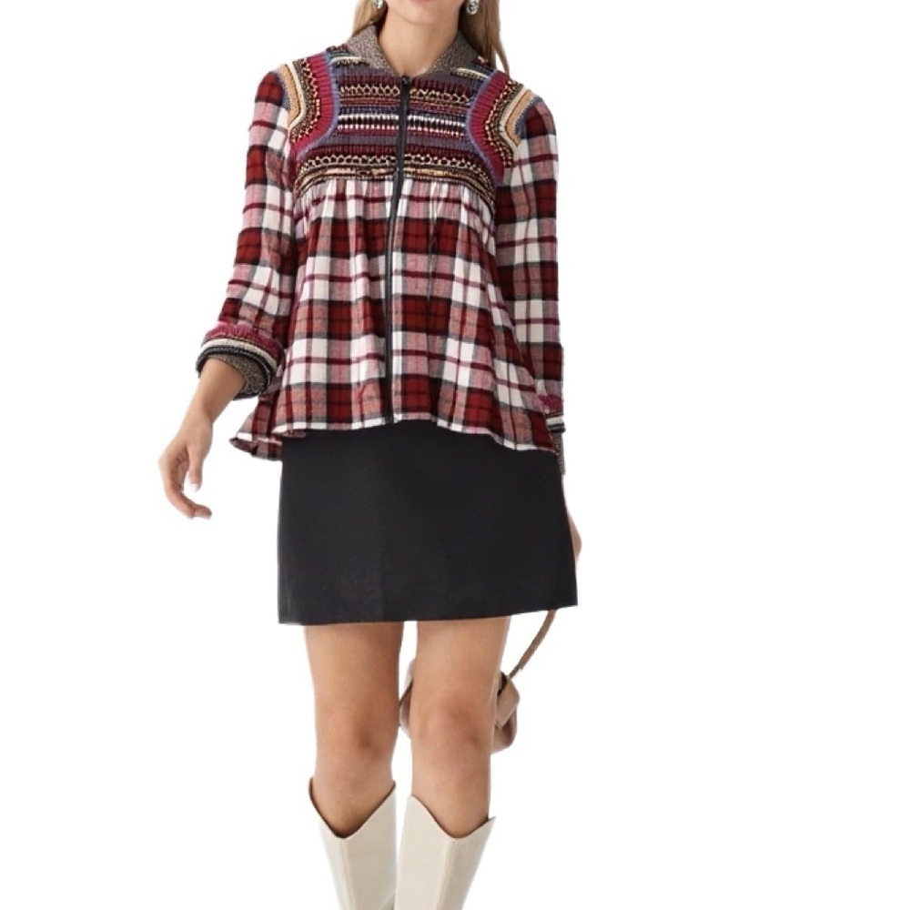 Zara Embroided & Embellished Plaid Zip Front Shacket Size S